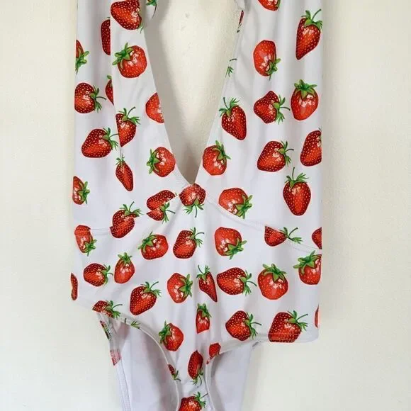 Blackmilk RARE SAMPLE All Over Strawberry Print Halter Tie Neck One-piece Swimsu - Picture 5 of 10
